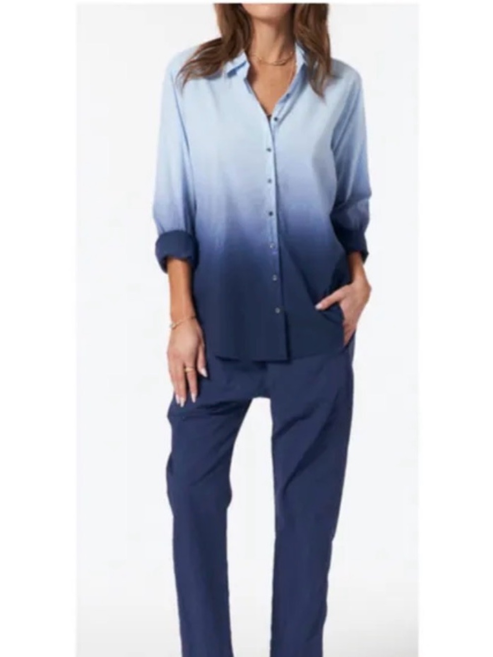 XiRENA Two-Tone Light and Dark Blue Ombre Button-Down Shirt